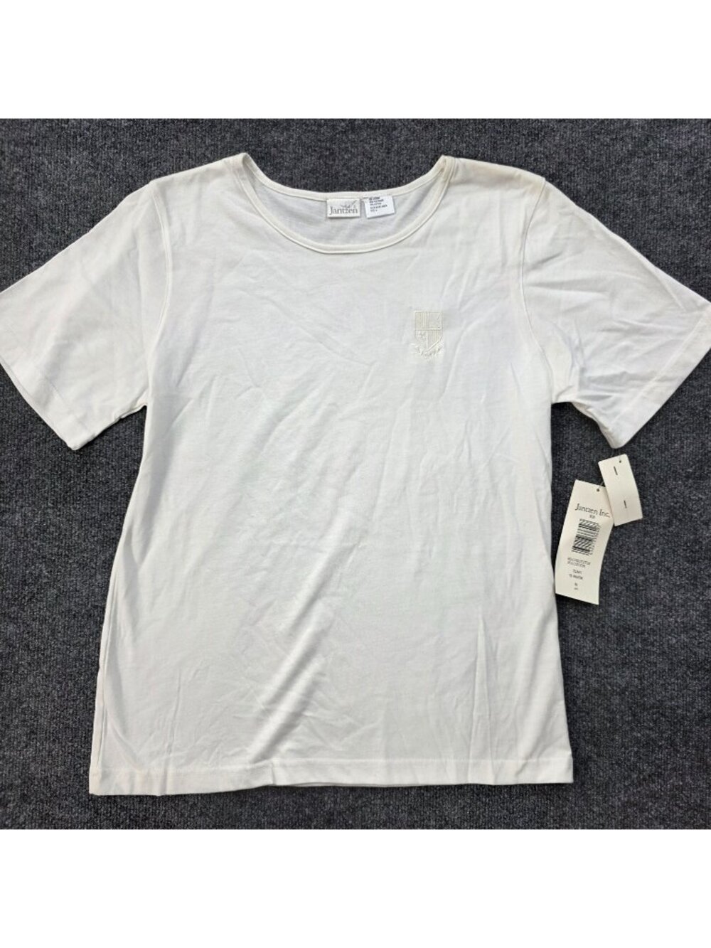 Vintage Jantzen Embroidered Logo T Shirt M White Cotton Blend Minimalist Preppy